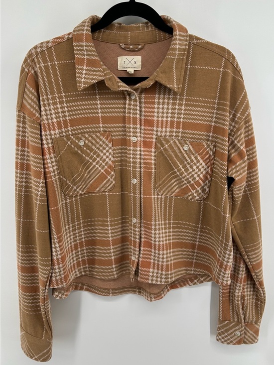 Thread & Supply Tops - Thread & Supply TXS Tan Cream Plaid Cropped Shacket Shirt Size L Cozy Normcore